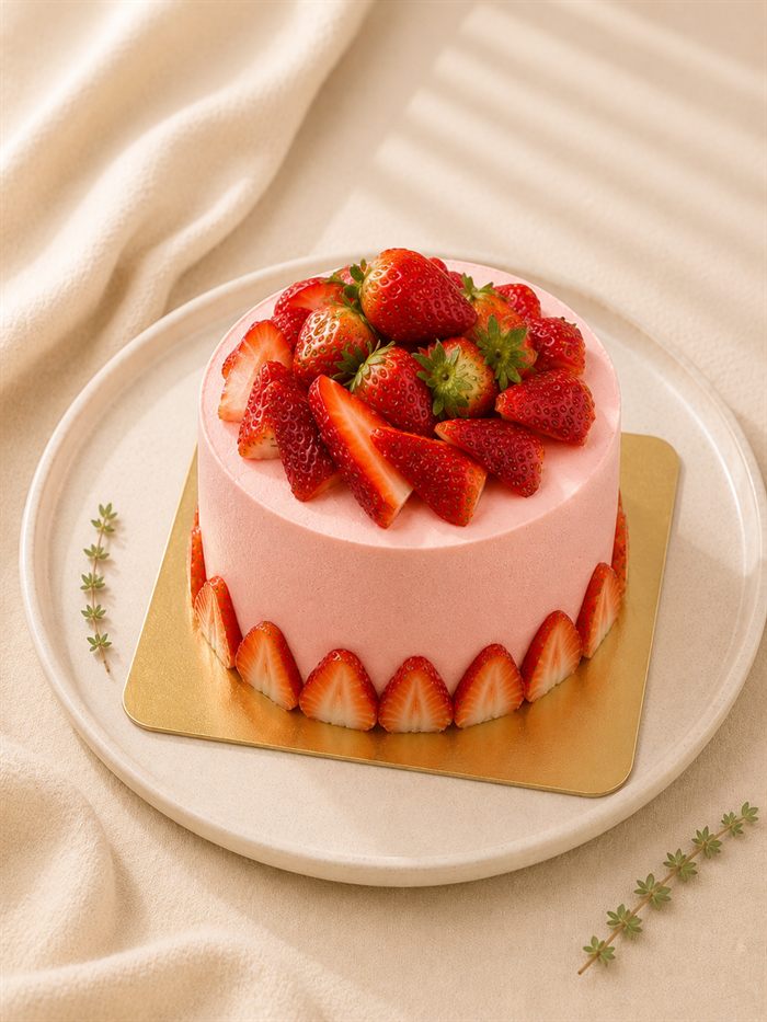 Cake with pink strawberry cream coating