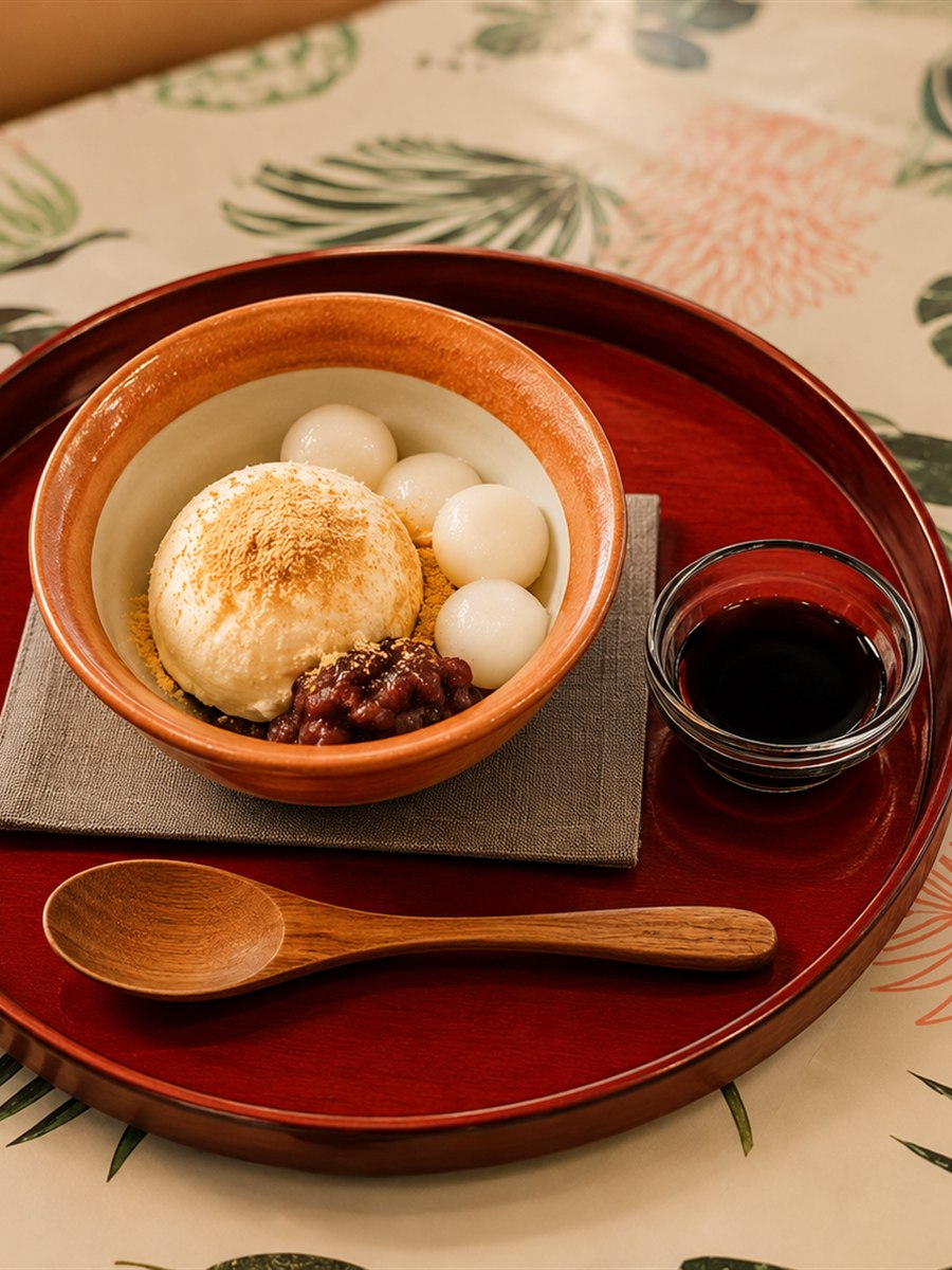 Warabimochi with shiratama, red bean, kinako and ice cream, served with brown sugar syrup