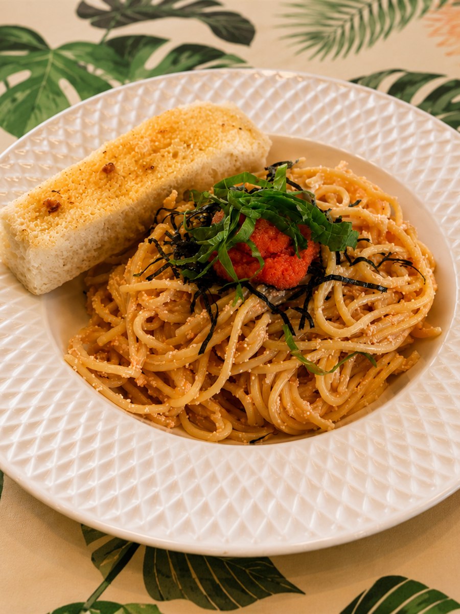 Mentaiko spaghetti topped with pollock roe, shredded nori and shiso, served with garlic bread