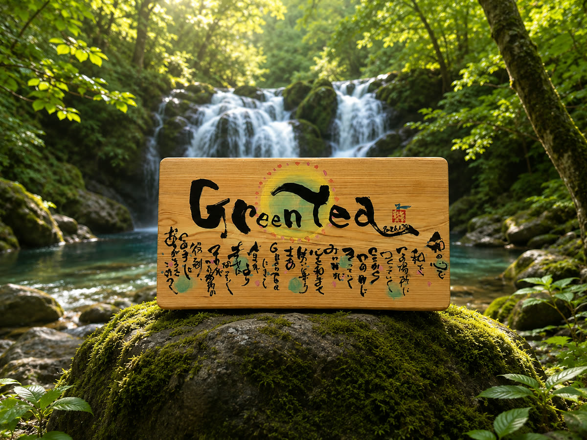 A hand-brushed wooden plaque reading Green Tea in sumi ink, with a handwritten Japanese message beneath it