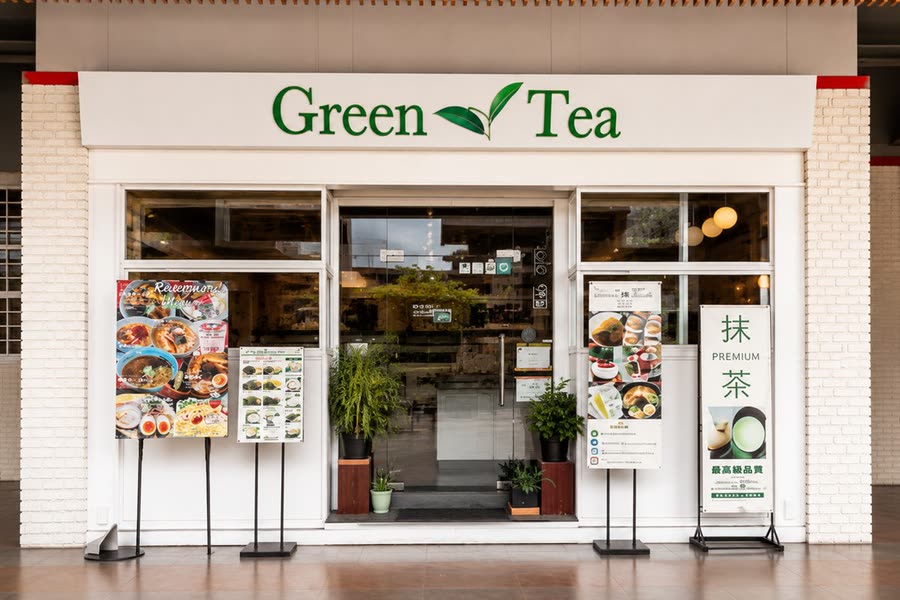 The Utsuwa Green Tea café at Aeon Mall Si Racha — a white storefront with the green Green Tea wordmark above the glass entrance and menu boards outside