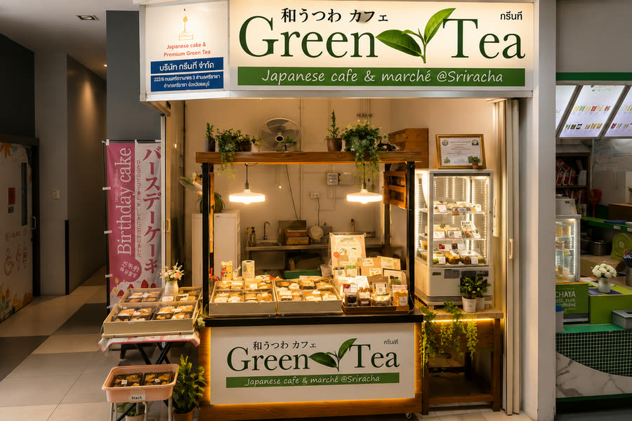 The Green Tea stall at Atara Mall — trays of cakes and boxed sweets under warm pendant lights, with a 和うつわカフェ Green Tea sign and a pink birthday-cake banner