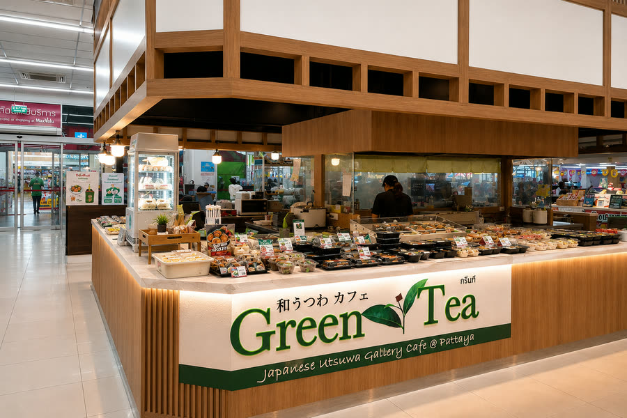 The Green Tea counter inside MaxValu — a wood-framed island of boxed Japanese meals and cakes under a lit 和うつわカフェ Green Tea sign